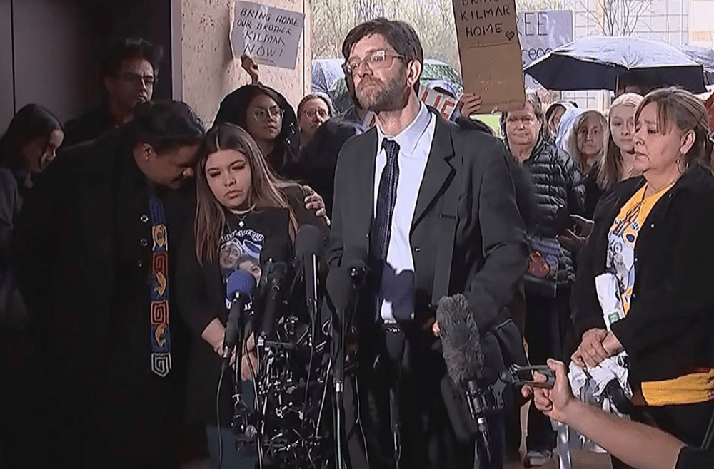 Jennifer Vasquez Sura, wife of Kilmar Abrego Garcia, a Salvadoran man who was erroneously deported by the Trump administration last month after a judge's ruling prohibited the man's removal to his home country of El Salvador, is comforted as she faces reporters with attorney Simon Sandoval-Moshenberg during a press conference following a status hearing outside U.S. District Court, in this still image taken from video in Greenbelt, Maryland, U.S., April 11, 2025. REUTERS/Greg Savoy
