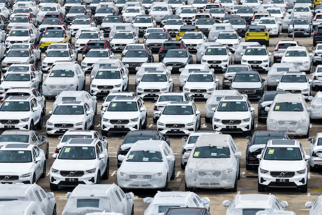A drone view shows cars for export sitting at a port in Nanjing, Jiangsu province, China June 9, 2025. Picture provided by REUTERS.