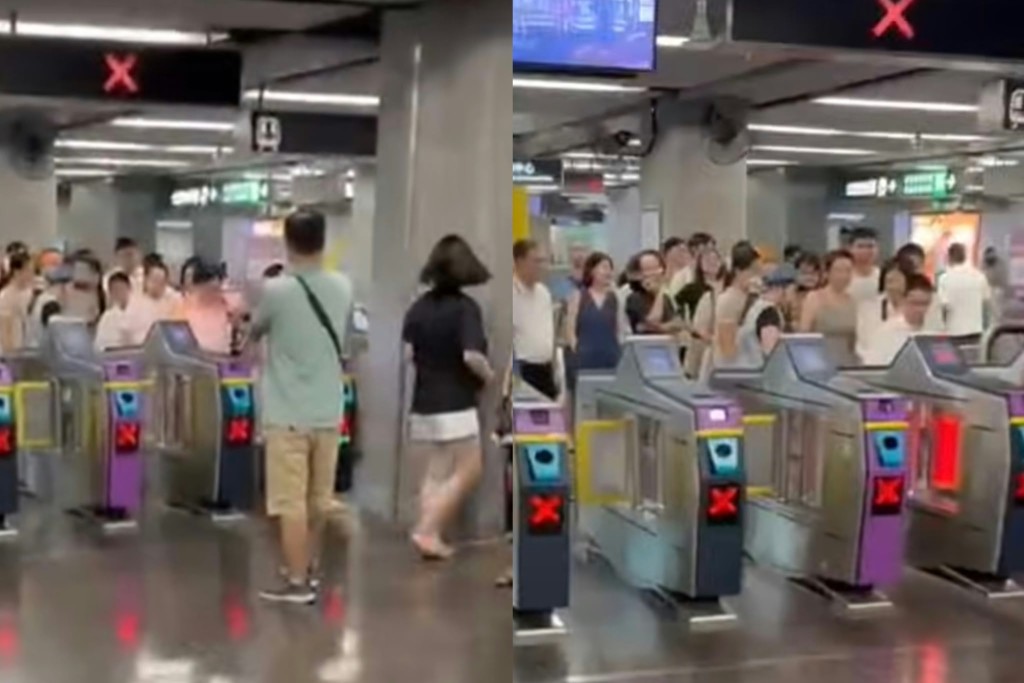 A man films passengers exiting a barrier gate at Tsim Sha Tsui MTR Station. (Threads video screenshot)