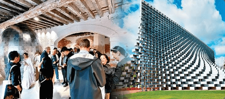 One of Hong Kong's exhibits titled Memory Eggency – The Sonic Life of Urban Memory, at the Venice Biennale; and a pavilion by Bjarke Ingels, far right, at The Serpentine Galleries in 2016. (GEORGE REX)