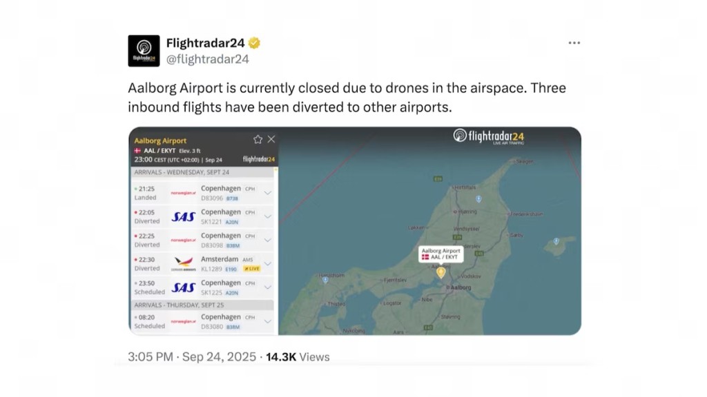 A screen capture of a post on X by FlightRadar24 on September 24, 2025 shows diverted flights after Denmark's Aalborg airport was closed due to drones in its airspace. FlightRadar24.com/Handout via REUTERS