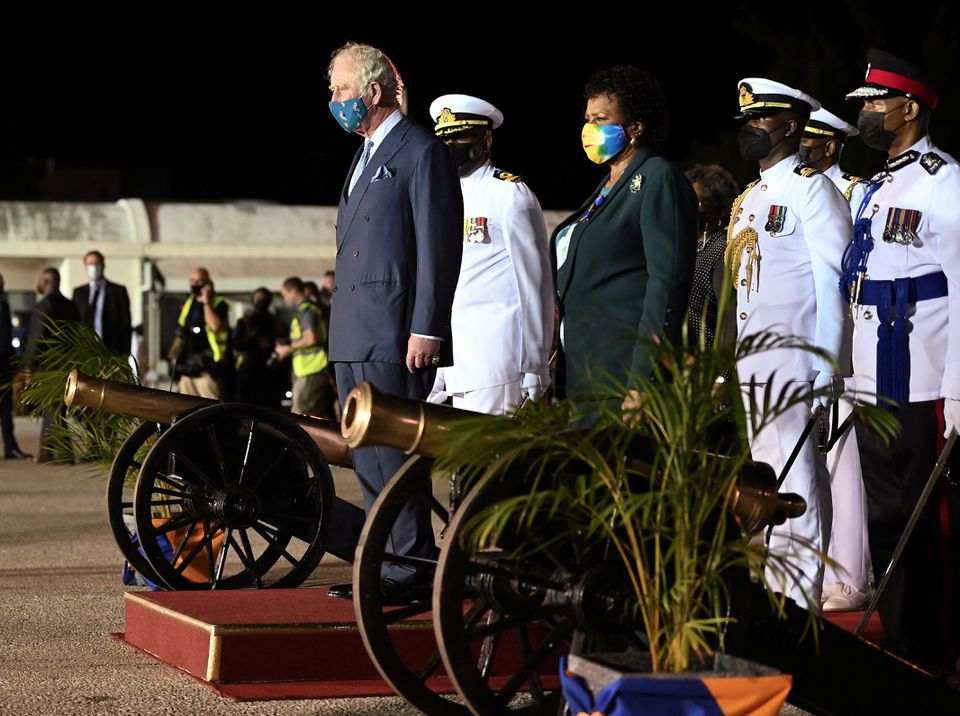 Britain's Prince Charles stands with Barbados' President-elect Sandra Mason during a Guard of Honour and playing of national anthems, as he arrives at Grantley Adams Airport, to take park in events to mark the Caribbean island's transition to a birth of a new republic, Bridgetown, Barbados. (Reuters) Britain's Prince Charles stands with Barbados' President-elect Sandra Mason during a Guard of Honour and playing of national anthems, as he arrives at Grantley Adams Airport, to take park in events to mark the Caribbean island's transition to a birth of a new republic, Bridgetown, Barbados. (Reuters)
