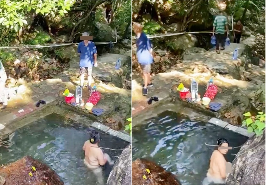 A video of the woman bathing naked in the stream was uploaded online by netizens last Friday. A video of the woman bathing naked in the stream was uploaded online by netizens last Friday.