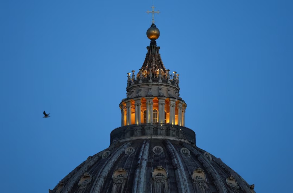 A bird flies over St Peter's Square, following the death of Pope Francis, Vatican City, April 22, 2025. (Reuters)