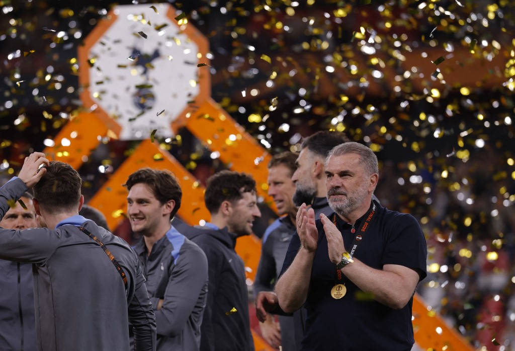 Tottenham Hotspur manager Ange Postecoglou celebrates after winning the Europa League Final. (Reuters)