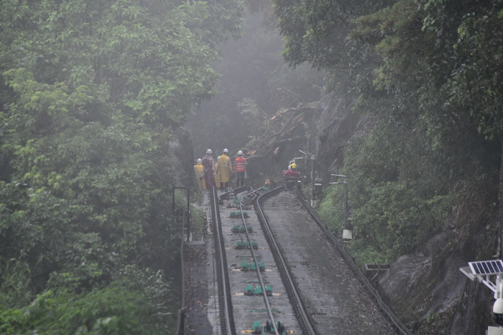 Maintenance crew begin work to clear a tree that has collapsed onto the Peak Tram tracks as a water spout is spotted off Clear Water Bay. Maintenance crew begin work to clear a tree that has collapsed onto the Peak Tram tracks as a water spout is spotted off Clear Water Bay.