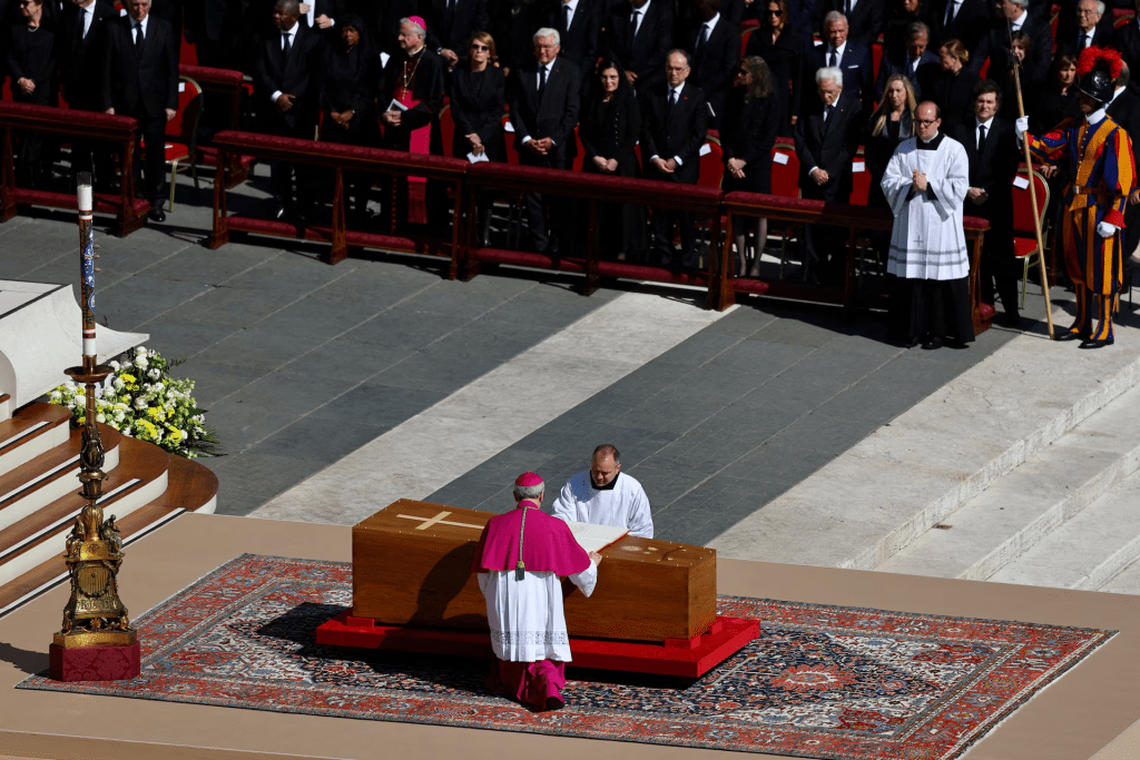 Members of the clergy attend the funeral Mass of Pope Francis in St. Peter's Square at the Vatican, April 26, 2025. REUTERS/Kai Pfaffenbach