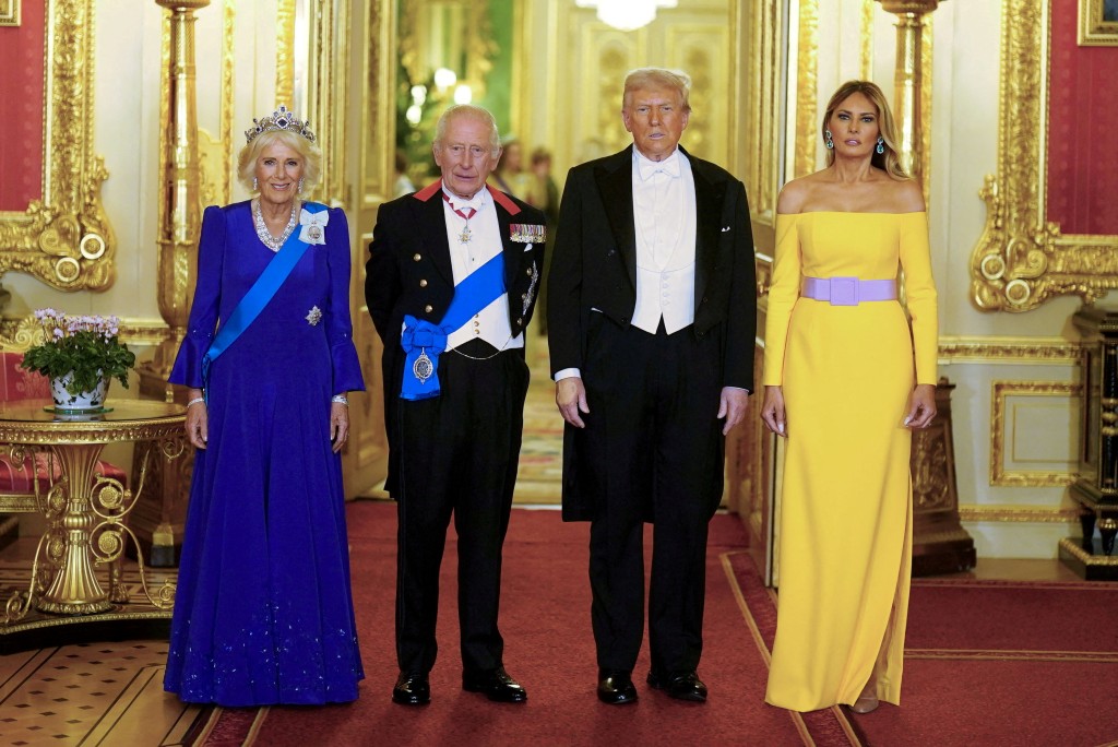 Britain's King Charles and Queen Camilla stand with U.S. President Donald Trump and First Lady Melania Trump at the state banquet at Windsor Castle, in Windsor, Britain, September 17, 2025. (Reuters/File)
