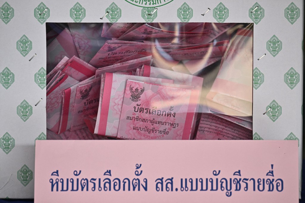 Photo by ANTHONY WALLACE / AFP. Votes cast in Thailand's general election are seen in a ballot box in Buriram on February 8, 2026.