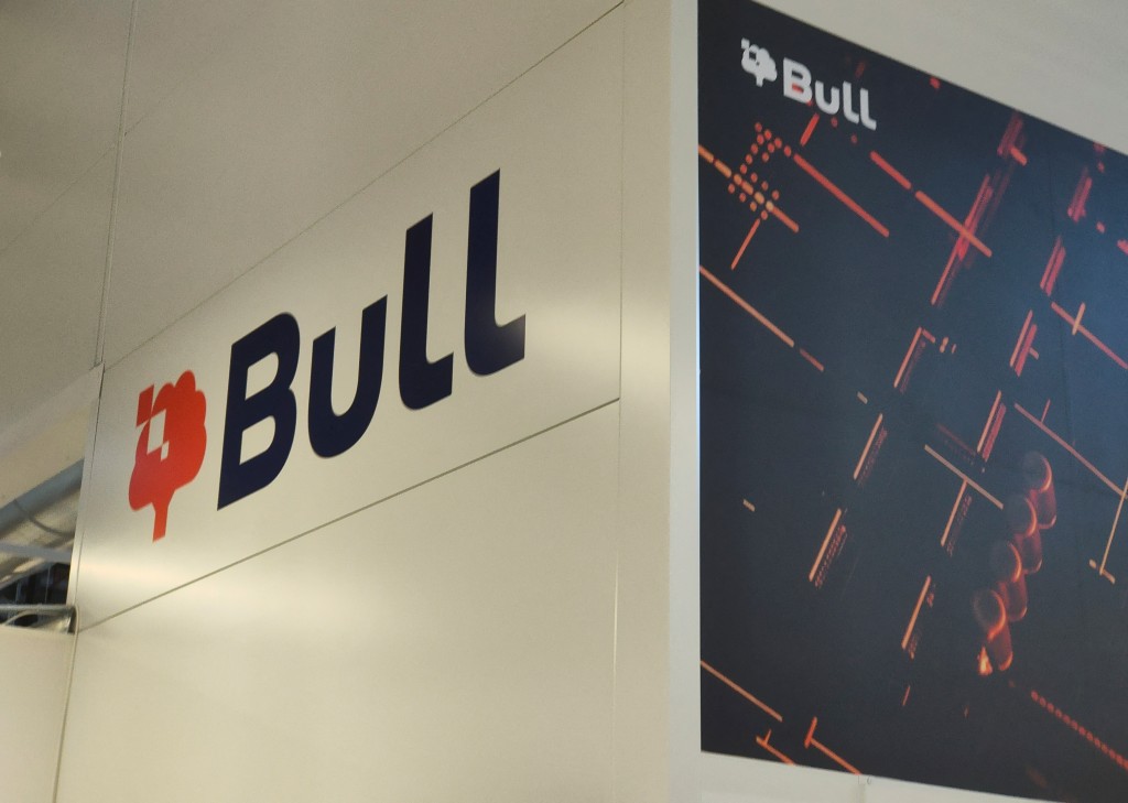 Bull's logo inside its supercomputing facility in Angers, France, October 1, 2026. Picture taken with a mobile phone. REUTERS/Leo Marchandon