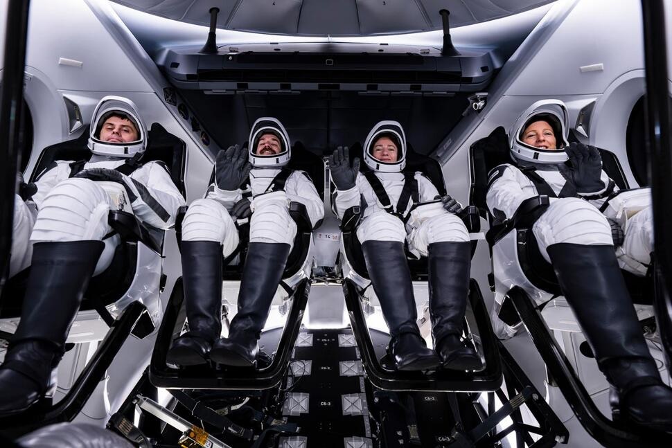 This image provided by SpaceX shows members of NASA’s SpaceX mission from left to right, Roscosmos cosmonaut Andrei Fedyaev, NASA astronauts Jack Hathaway and Jessica Meir, and ESA (European Space Agency) French astronaut Sophie Adenot as they complete a full rehearsal of launch day activities, Feb. 9, 2026, in Cape Canaveral, Fla. (SpaceX via AP)