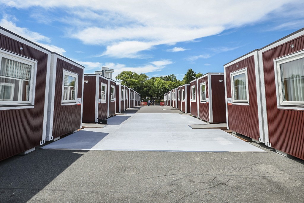 This picture taken on August 26, 2026 shows container-type accommodation facilities for athletes of the 2026 Asian Games in Nagoya, Aichi prefecture. (Photo by JIJI PRESS / AFP) / JAPAN OUT