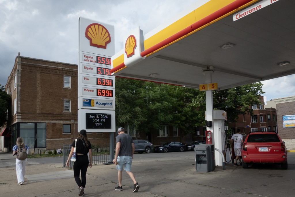 Fuel prices are displayed at a gas station on June 09, 2026 in Chicago, Illinois. Oil prices fell today after U.S. Energy Secretary Chris Wright said ship traffic through the Strait of Hormuz was increasing. Scott Olson/Getty Images/AFP