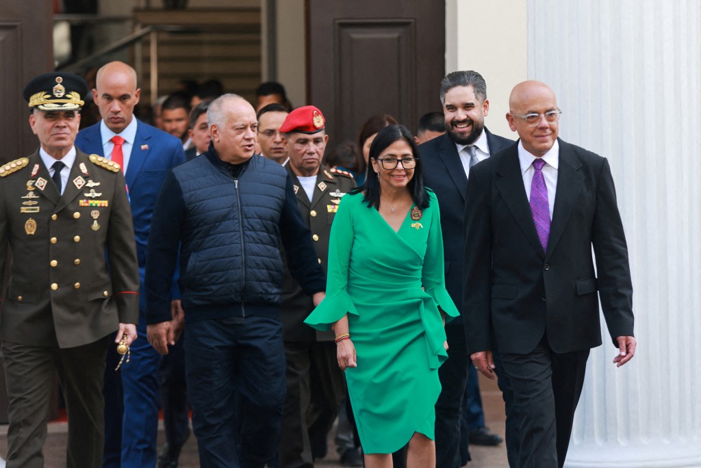 Venezuela's Defence Minister Vladimir Padrino Lopez, Interior Minister Diosdado Cabello, interim President Delcy Rodriguez, Nicolas Maduro Guerra, son of ousted president Nicolas Maduro, and National Assembly President Jorge Rodriguez, walk together at the National Assembly, in Caracas, Venezuela, January 5, 2026. (Reuters)