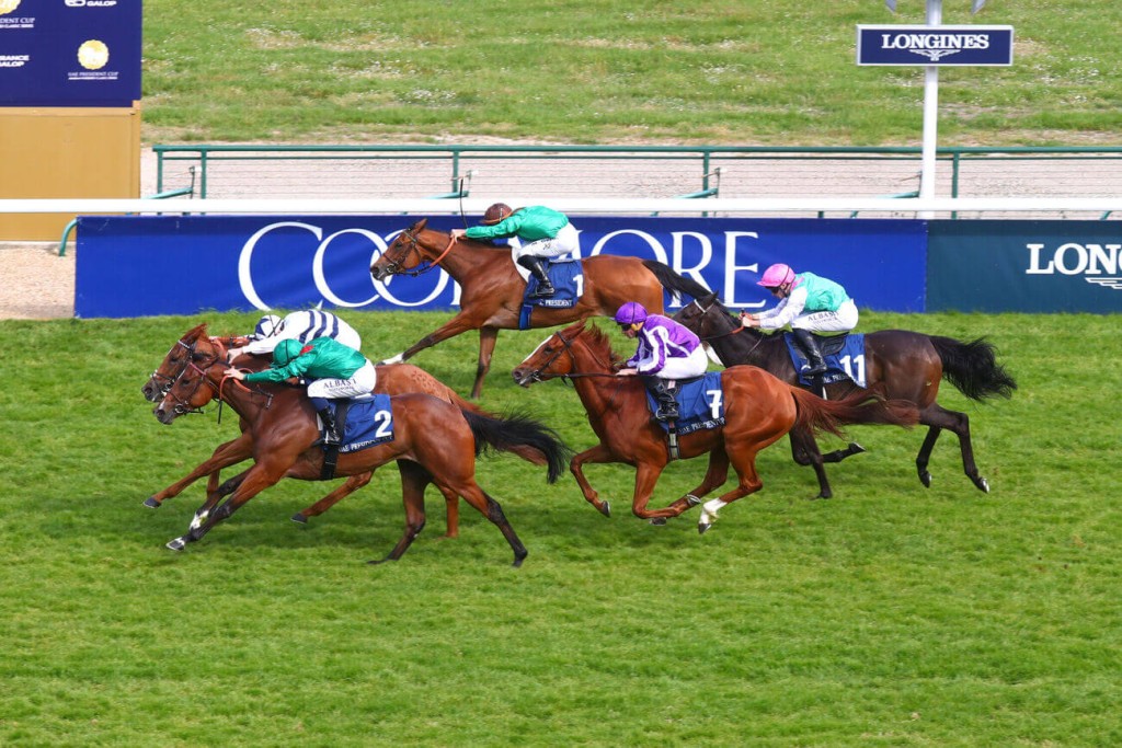 The photo finish involving Zarigana (green, No 2) and Shes Perfect in the G1 Poule d'Essai des Pouliches. (Credit: Scoopdyga)