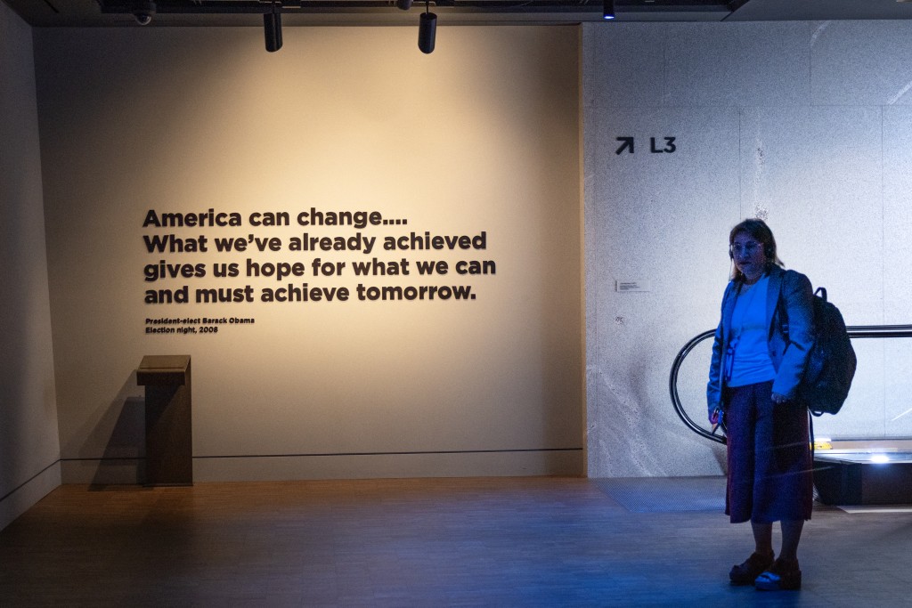 People tour the Obama Presidential Center during a media preview day on June 03, 2026 in Chicago, Illinois. The Obama Presidential Center, which includes a museum, library, playground and basketball court, opens to the public on June 19. Scott Olson/Getty Images/AFP 