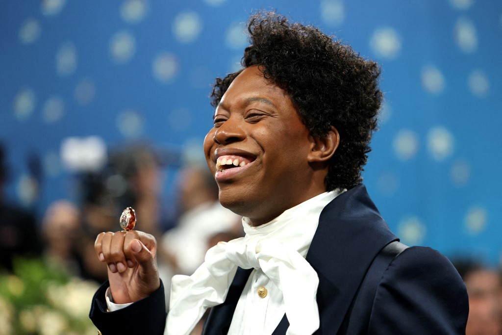 FILE PHOTO: Jeremy O. Harris poses during the Met Gala, an annual fundraising gala held for the benefit of the Metropolitan Museum of Art's Costume Institute with this year's theme 'Superfine: Tailoring Black Style,' in New York City, New York, U.S., May 5, 2025. REUTERS/Mario Anzuoni/File Photo