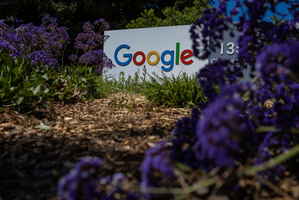 A Google logo is seen at a company research facility in Mountain View, California, U.S., May 13, 2025. REUTERS/Carlos Barria