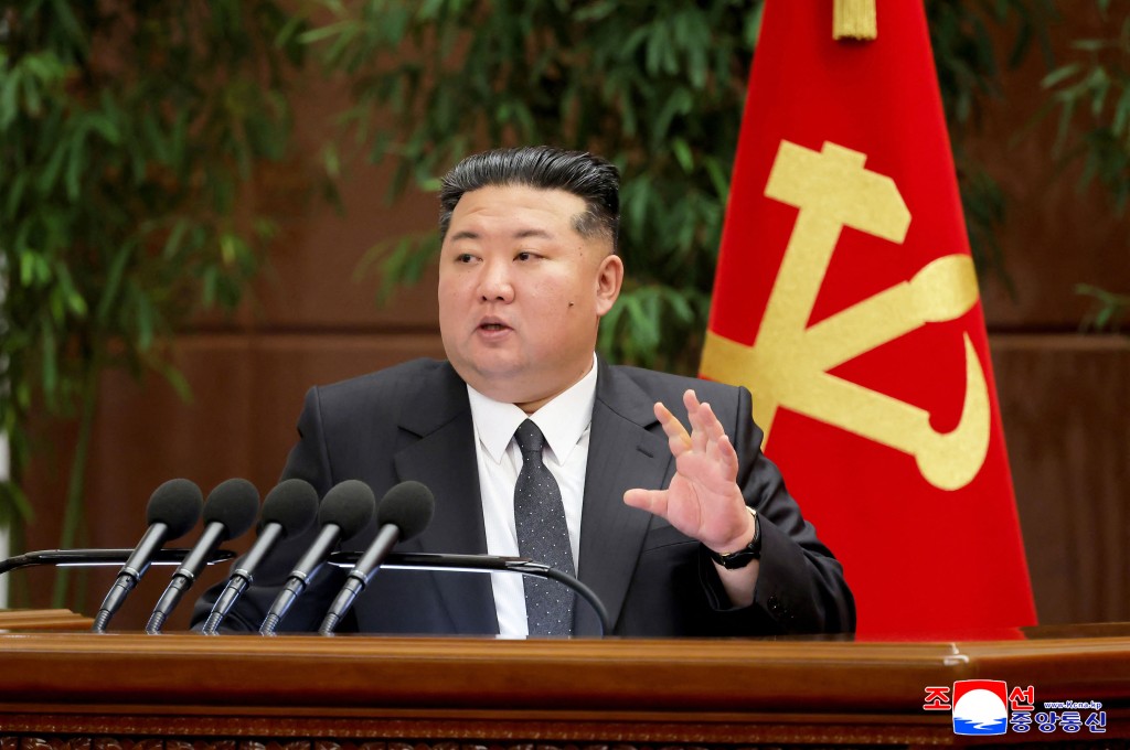 This undated picture released by North Korea's official Korean Central News Agency (KCNA) on December 12, 2025 shows North Korean leader Kim Jong Un giving closing remarks at the 13th Plenary Meeting of the Eighth Central Committee of the Workers' Party of Korea at an unconfirmed location in North Korea. (Photo by KCNA VIA KNS / AFP)
