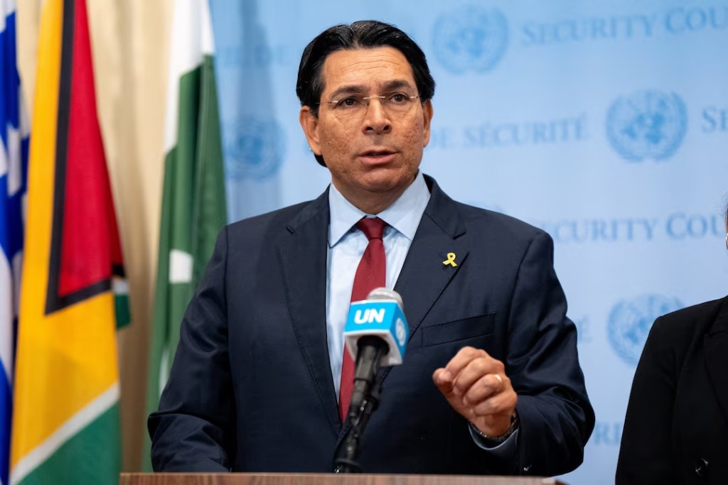 Danny Danon, Israeli Ambassador to the United Nations speaks to the press before a meeting of the United Nations Security Council on the Israel and Palestinian conflict, at U.N. Headquarters in New York City, U.S., August 27, 2025. REUTERS/Angelina Katsanis