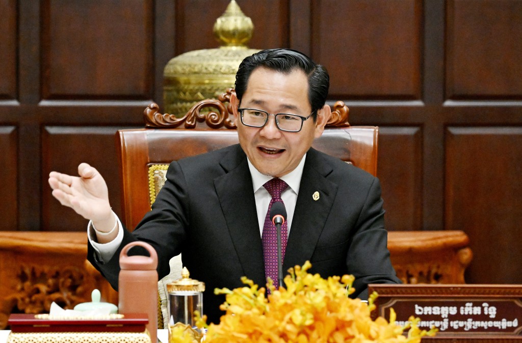 Photo by TANG CHHIN SOTHY / AFP. Cambodian justice minister Koeut Rith speaks during a press conference at Minitry of Justice in Phnom Penh on April 3, 2026.