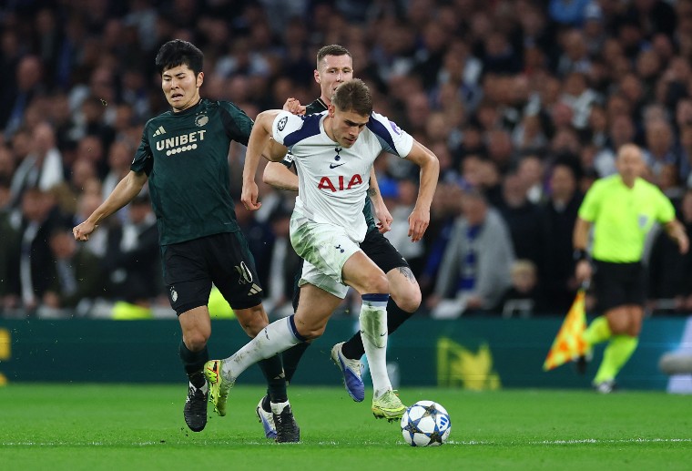 Micky van de Ven goes on a mazy run to score a stunning solo goal for Spurs. REUTERS