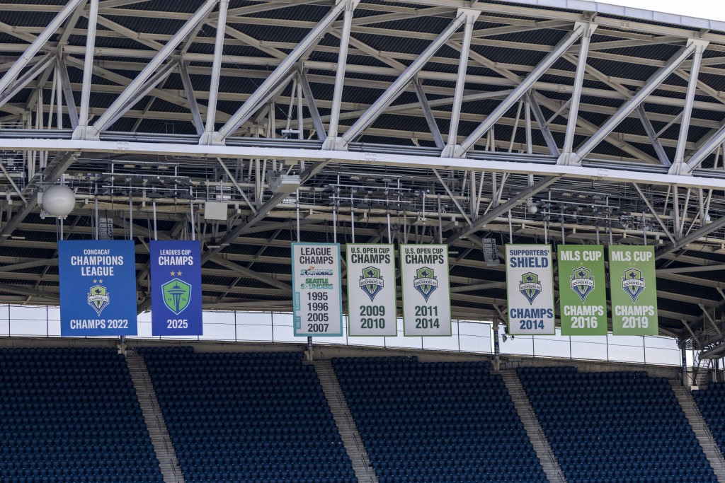 Photo by JASON REDMOND / AFP Seattle Sounders banners are pictured at Seattle Stadium, temporarily renamed from Lumen Field, ahead of the FIFA World Cup 2026 in Seattle, Washington, on May 27, 2026.