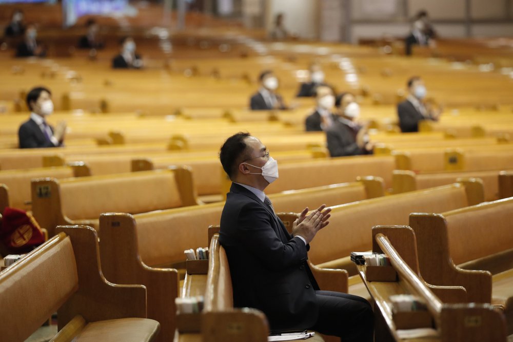 Pastors wearing face masks while maintaining social distancing attend an Easter service at the Yoido Full Gospel Church in Seoul, South Korea. (AP photo) Pastors wearing face masks while maintaining social distancing attend an Easter service at the Yoido Full Gospel Church in Seoul, South Korea. (AP photo)