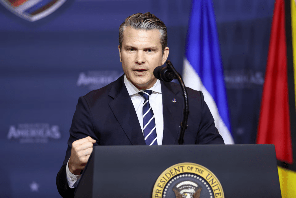 U.S. Secretary of Defense Pete Hegseth speaks at the "Shield of the Americas" Summit in Miami, Florida, U.S., March 7, 2026. REUTERS/Kevin Lamarque
