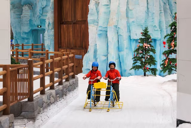 Children ride a snow bicycle at Shanghai L+SNOW Indoor Skiing Theme Resort amid an orange alert for heat in Shanghai, China August 28, 2025. REUTERS/Go Nakamura/File Photo