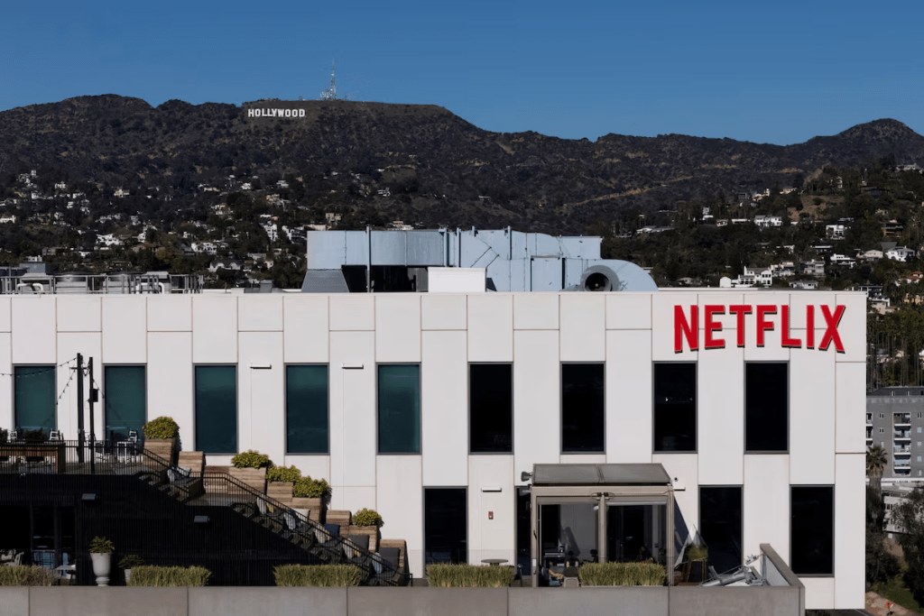 A drone view shows the Netflix logo on one of their buildings in the Hollywood neighborhood of Los Angeles, California, December 8, 2025. REUTERS/Daniel Cole/File Photo