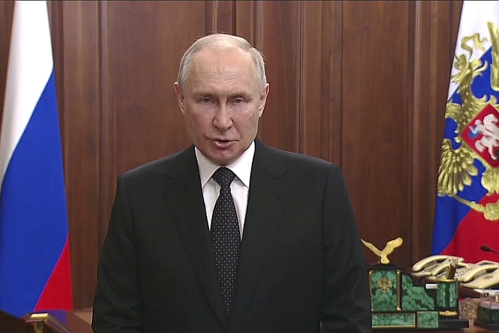 n this handout photo taken from video released by Russian Presidential Press Service, Russian President Vladimir Putin addresses the nation in Moscow, Russia, Saturday, June 24, 2023. (AP) n this handout photo taken from video released by Russian Presidential Press Service, Russian President Vladimir Putin addresses the nation in Moscow, Russia, Saturday, June 24, 2023. (AP)