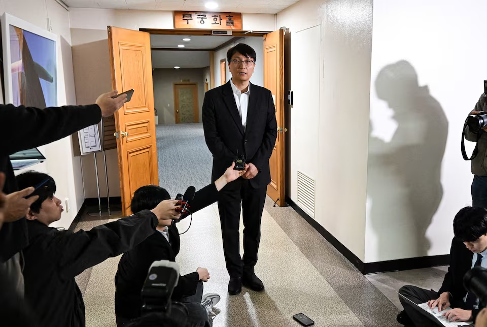 Coupang CEO Park Dae-jun makes a public apology over the breach of personal information from 33.7 million customer accounts through unauthorized data access, at the Government Complex in Seoul, South Korea, November 30, 2025. Yonhap via REUTERS 