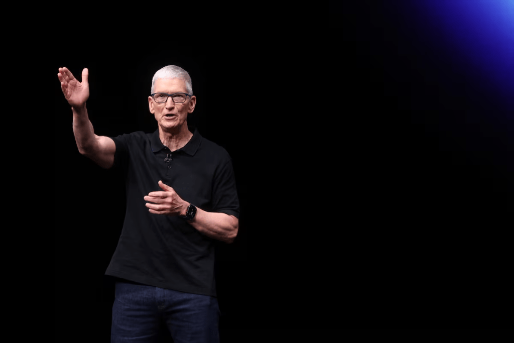 Apple CEO Tim Cook speaks as Apple holds an event at the Steve Jobs Theater on its campus in Cupertino, California, U.S. September 9, 2025. REUTERS/Manuel Orbegozo 