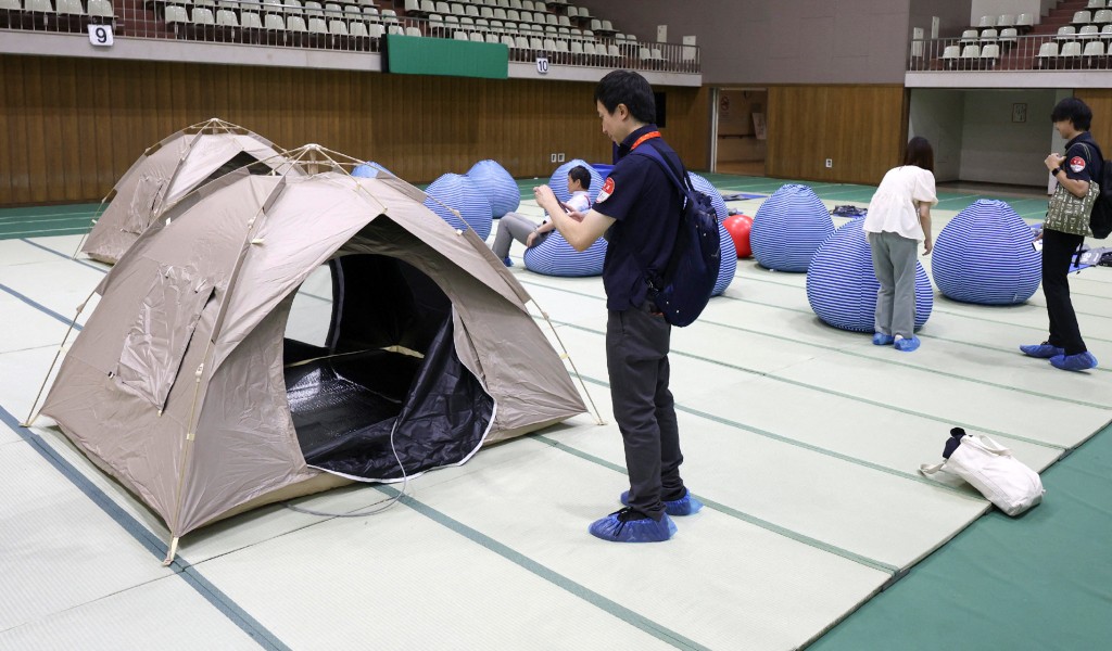 Tents and cushions are seen in a relaxation space set up at the support hub for Japanese team during the 2026 Asian Games, in Nagoya, Aichi prefecture on September 11, 2026. (Photo by JIJI PRESS / AFP) / JAPAN OUT