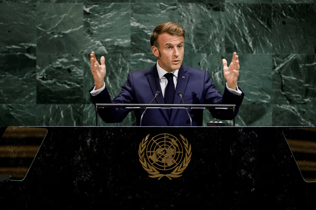 French President Emmanuel Macron addresses the 80th United Nations General Assembly at U.N. headquarters in New York, U.S., September 23, 2025. REUTERS/Eduardo Munoz