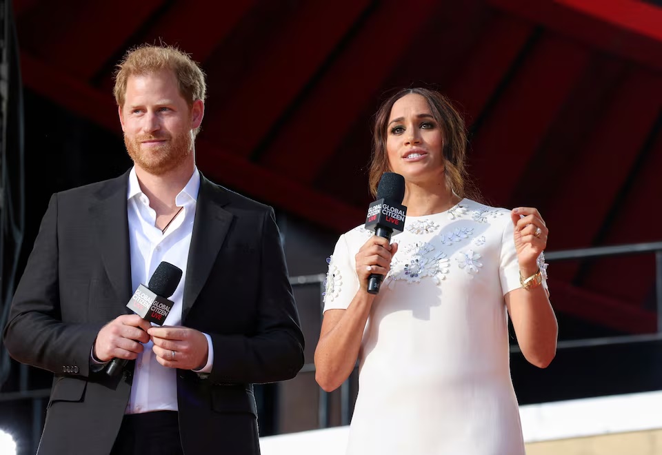 Britain's Prince Harry and Meghan Markle speak at the 2021 Global Citizen Live concert at Central Park in New York, U.S., September 25, 2021. Picture taken September 25, 2021. REUTERS/Caitlin Ochs
