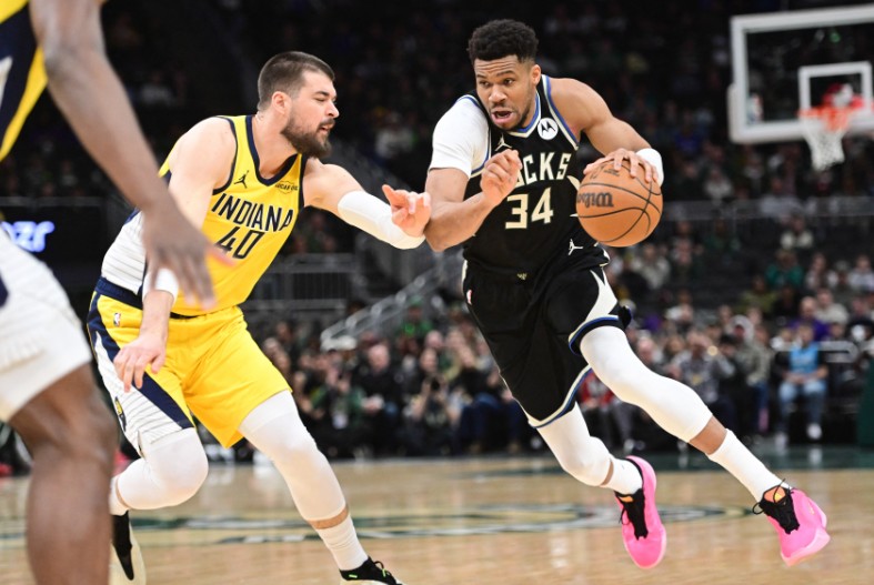 Giannis Antetokounmpo, in action against Indiana Pacers center Ivica Zubac, has been with the Milwaukee Bucks since he was a rookie. REUTERS