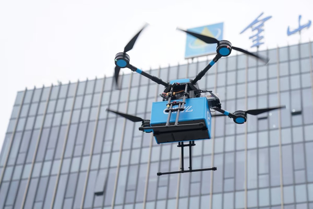 A drone is seen during a demonstration for the media before a news conference by Chinese food delivery company Ele.me on its drone delivery service, in Shanghai, China May 29, 2018. REUTERS