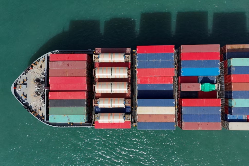A drone view shows a cargo ship at Kwai Tsing Container Terminals in Hong Kong, China, April 16, 2025. (Reuters)