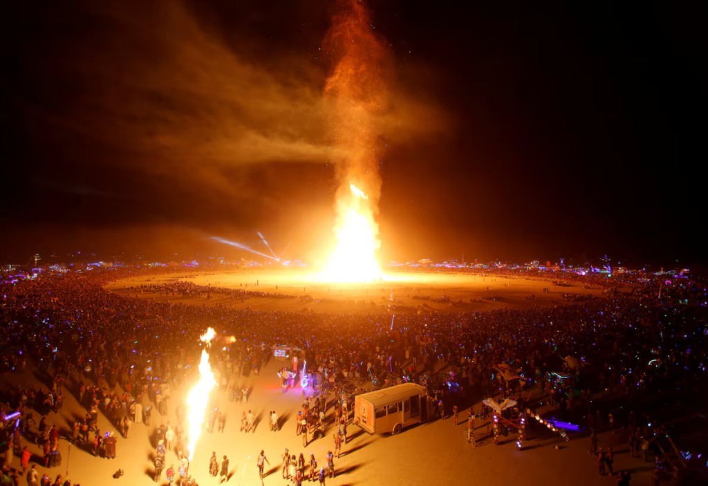 The Burning Man festival features the burning of a giant wooden effigy. REUTERS