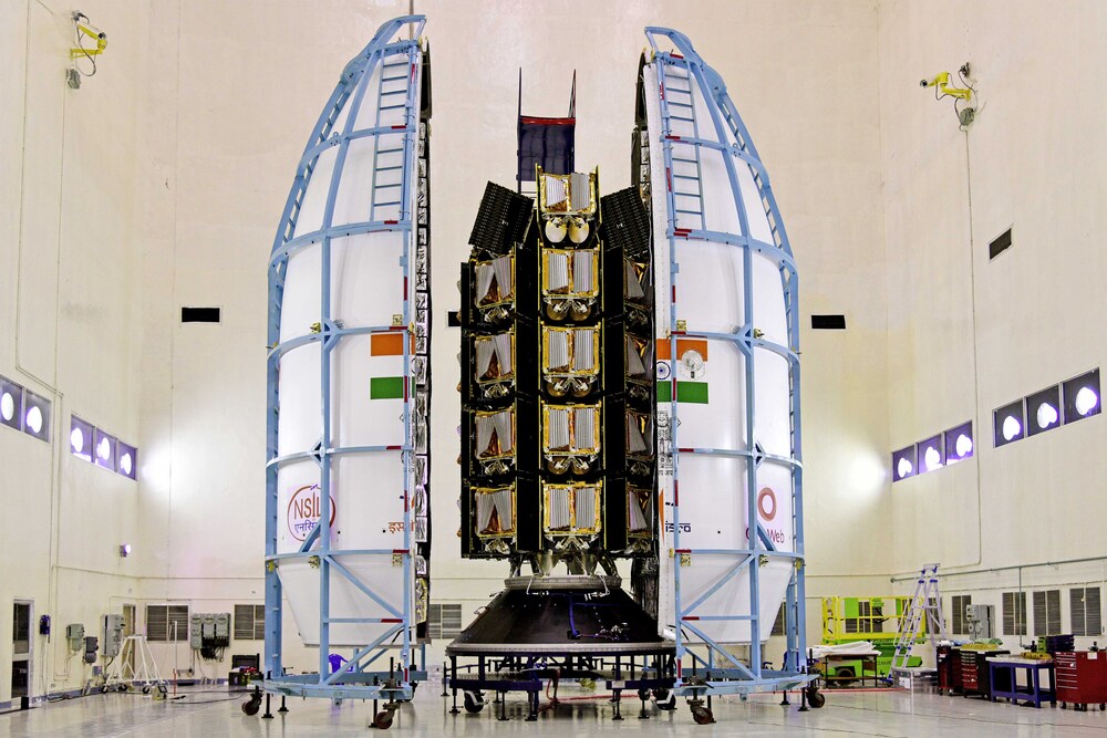 A satellite dispenser carrying thirty-six OneWeb satellites for the launch on Oct. 23, 2022. (Bloomberg) A satellite dispenser carrying thirty-six OneWeb satellites for the launch on Oct. 23, 2022. (Bloomberg)