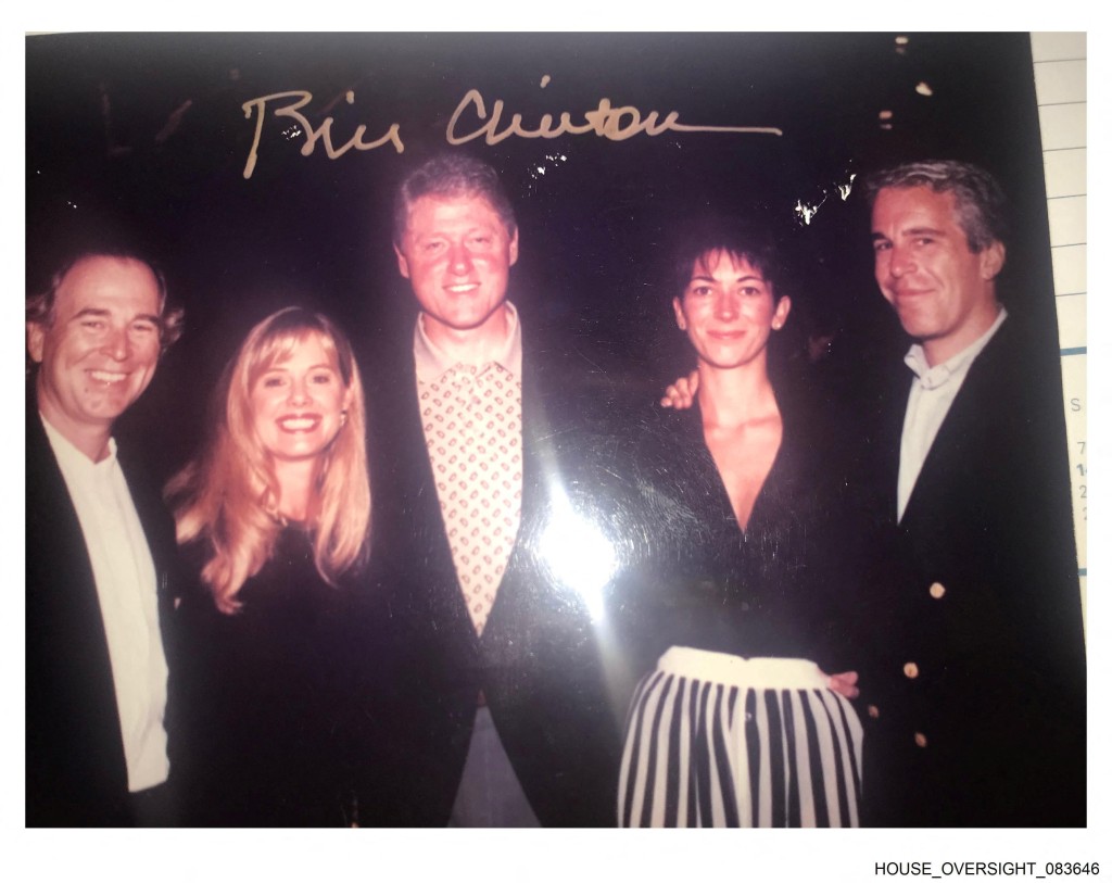 Former U.S. President Bill Clinton, Ghislaine Maxwell and late financier and convicted sex offender Jeffrey Epstein pose in this handout image released from Epstein's estate by Democrats on the House Oversight Committee in Washington, D.C., U.S., on December 12, 2025. House Oversight Committee Democrats/Handout via REUTERS