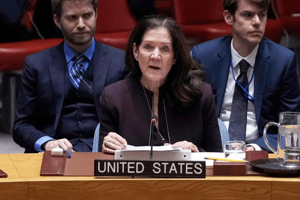 FILE - United States UN Ambassador Dorothy Shea addresses the United Nations Security Council, March 24, 2025. (AP Photo/Richard Drew, File)