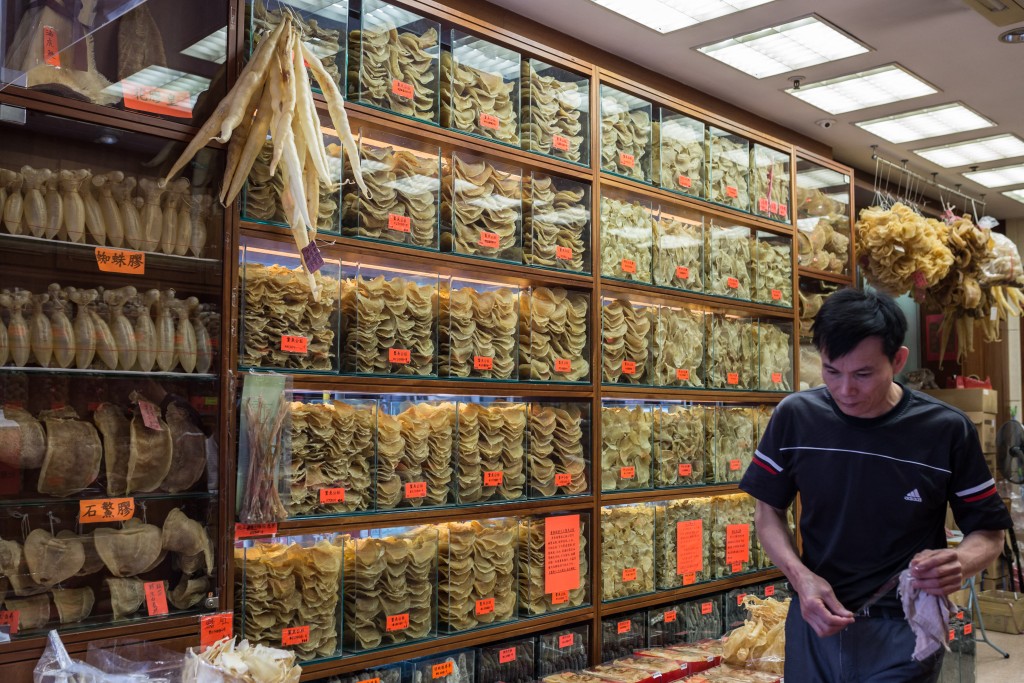 Photo by ANTHONY WALLACE / AFP  This picture taken on March 29, 2016 shows an employee walking past cabinets containing different varieties of dried fish maws and shark fins (top L) in Hong Kong.