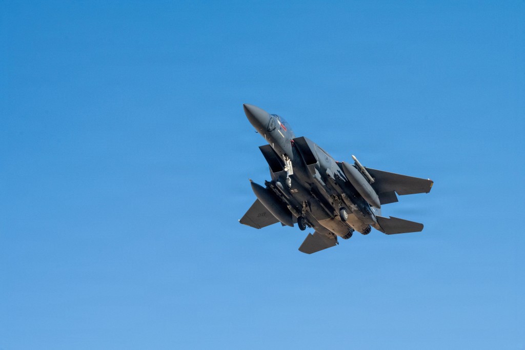 A U.S. Air Force F-15E Strike Eagle aircraft takes off for a mission supporting Operation Epic Fury during the Iran war at an undisclosed location(Reuters)