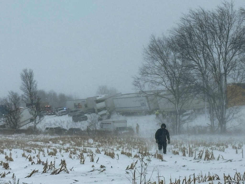 Truck and cars piled up after a crash along the I-196 highway, near Zeeland in West Michigan on January 19, 2026. (AFP)