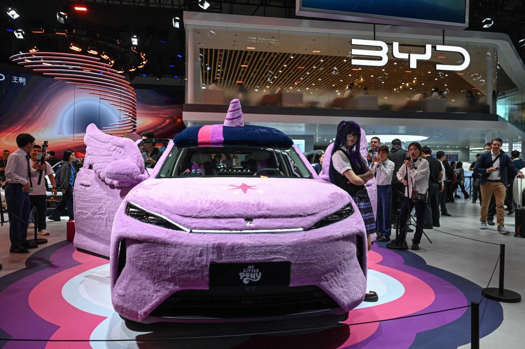 BYD's electric car YUAN Plus is displayed at the Beijing Auto Show in Beijing on April 24, 2026. AFP