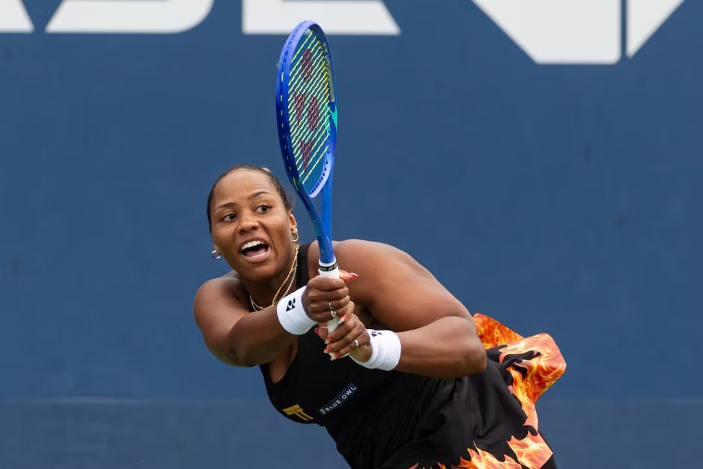 Aug 27, 2025; Flushing, NY, USA; Taylor Townsend of the United States in action against Jelena Ostapenko in the second round of the women’s singles at the US Open at Billie Jean King National Tennis Center. Mandatory Credit: Mike Frey-Imagn Images - Reuters