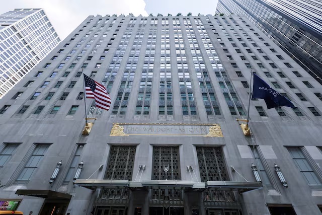 FILE PHOTO: A view shows the Waldorf Astoria Hotel in midtown Manhattan in New York City, U.S., July 23, 2025. REUTERS/Jeenah Moon/File Photo